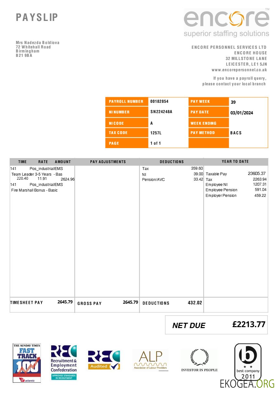 Modèle de fiche de paie Encore Personnel Services (recrutement) aux formats Word et PDF.pdf, 1